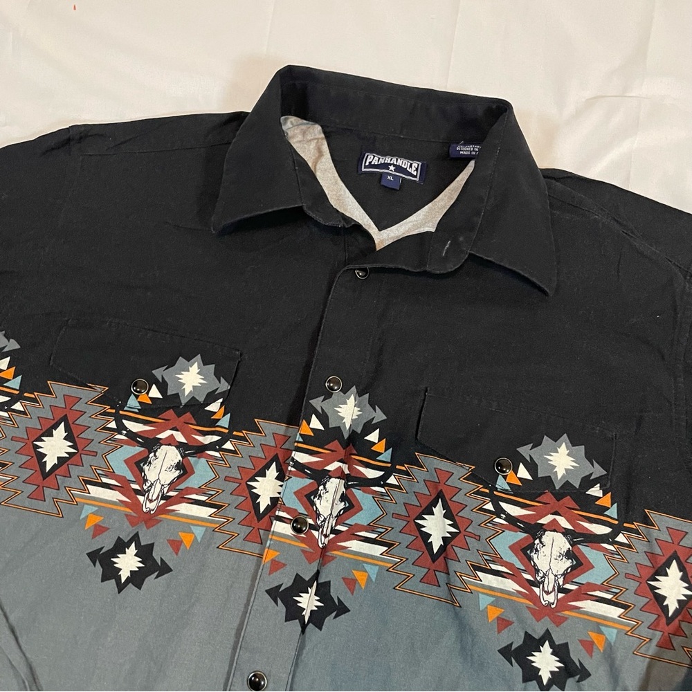 Panhandle Slim Black and Gray Southwestern Skull-Print Button Shirt